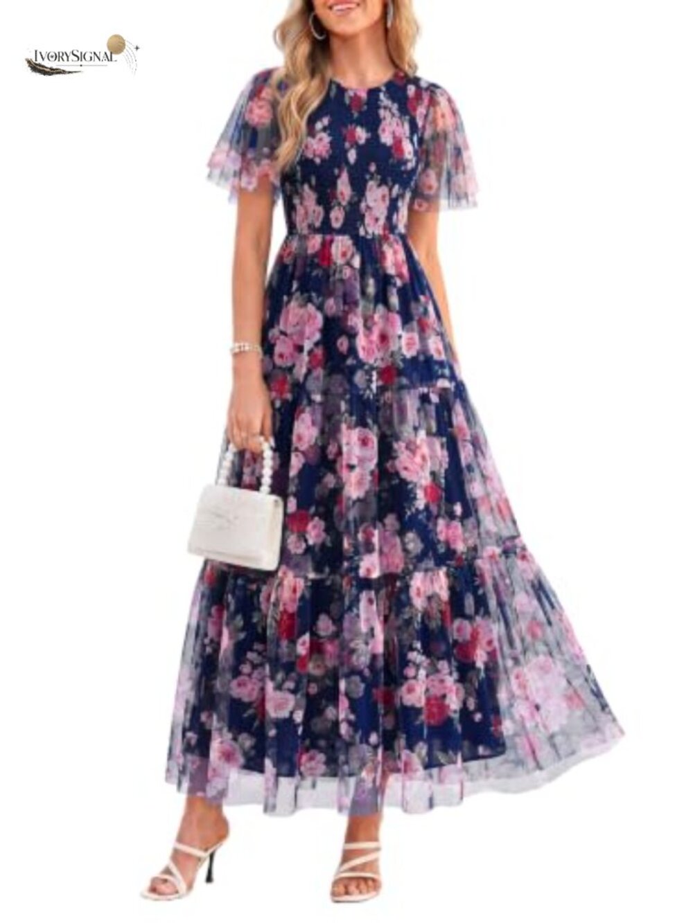 Women Tulle Floral Maxi Dress Flowy A-Line Flutter Sleeve Formal
